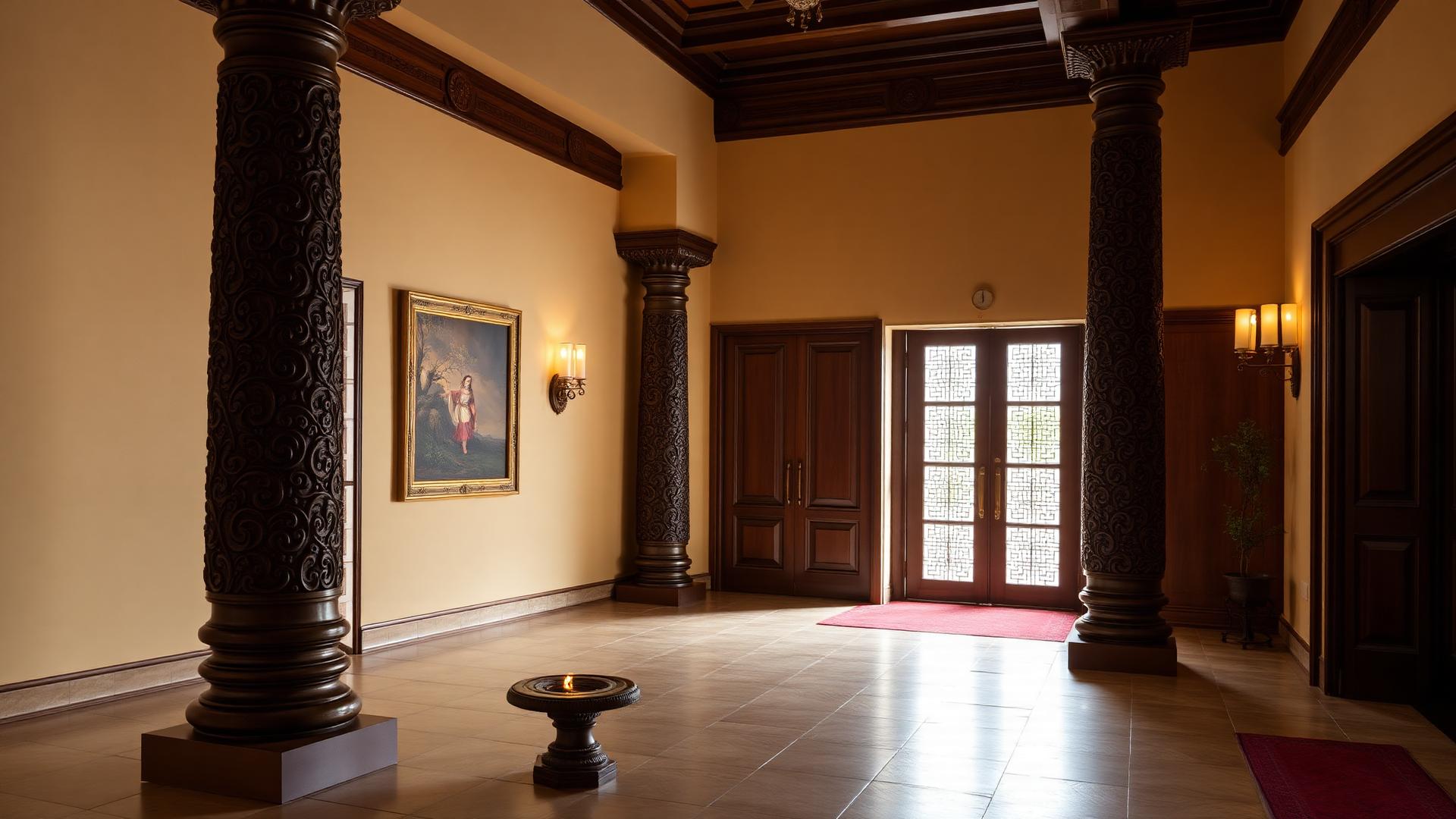 Traditional Chettinad interior with carved wooden pillars